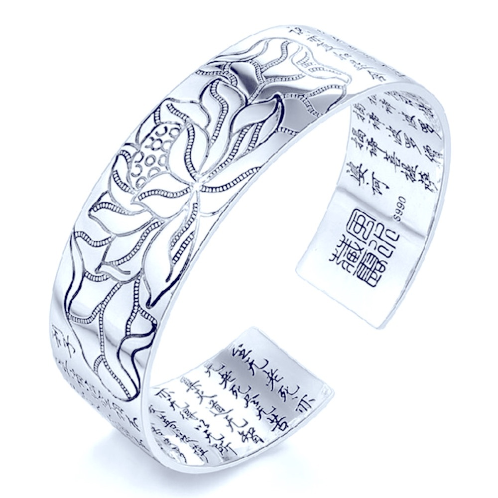 NEW Unisex Large S990 Thai Silver Lotus Cuff Bracelet,‎ Adjustable